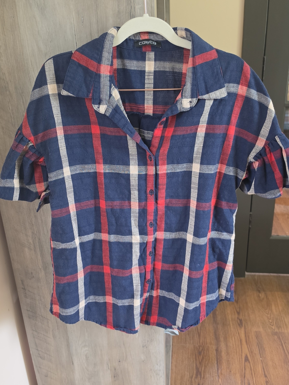 Women's Navy & Red & Cream Plaid Button-Up Shirt With Flutter Sleeve Details